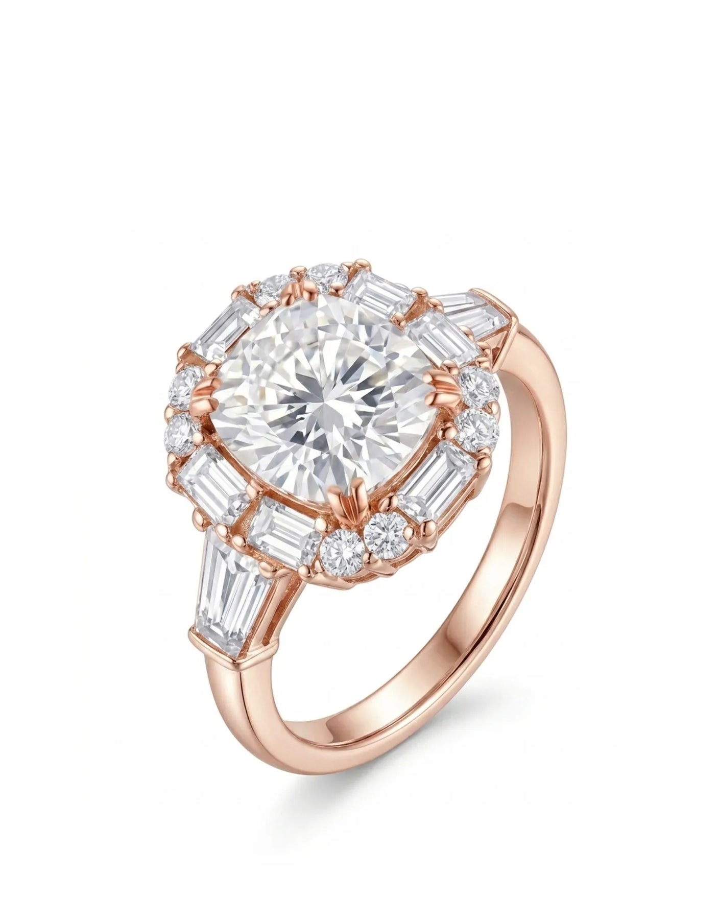 Cushion cut moissanite engagement ring with baguette halo and round accents in 18K rose gold | SARATTI