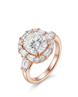 Cushion cut moissanite engagement ring with baguette halo and round accents in 18K rose gold | SARATTI