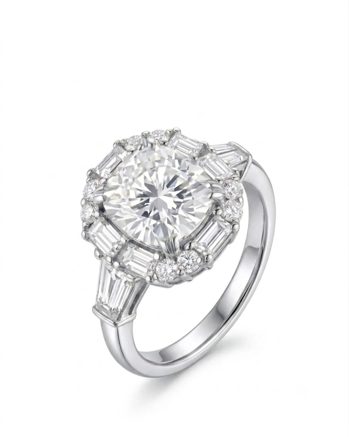 Cushion cut moissanite engagement ring with baguette halo and round accents in 18K white gold | SARATTI