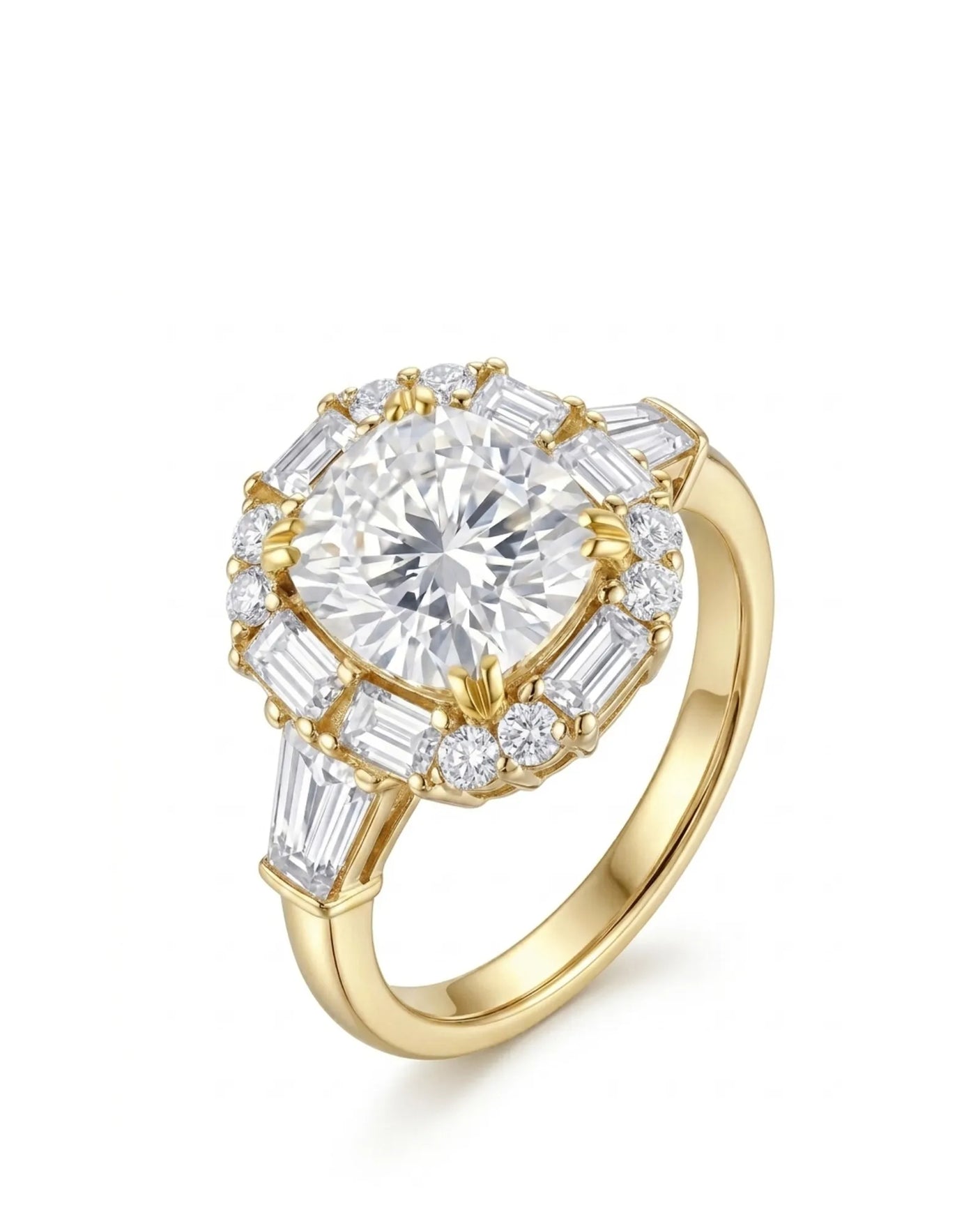 Cushion cut moissanite engagement ring with baguette halo and round accents in 18K yellow gold | SARATTI
