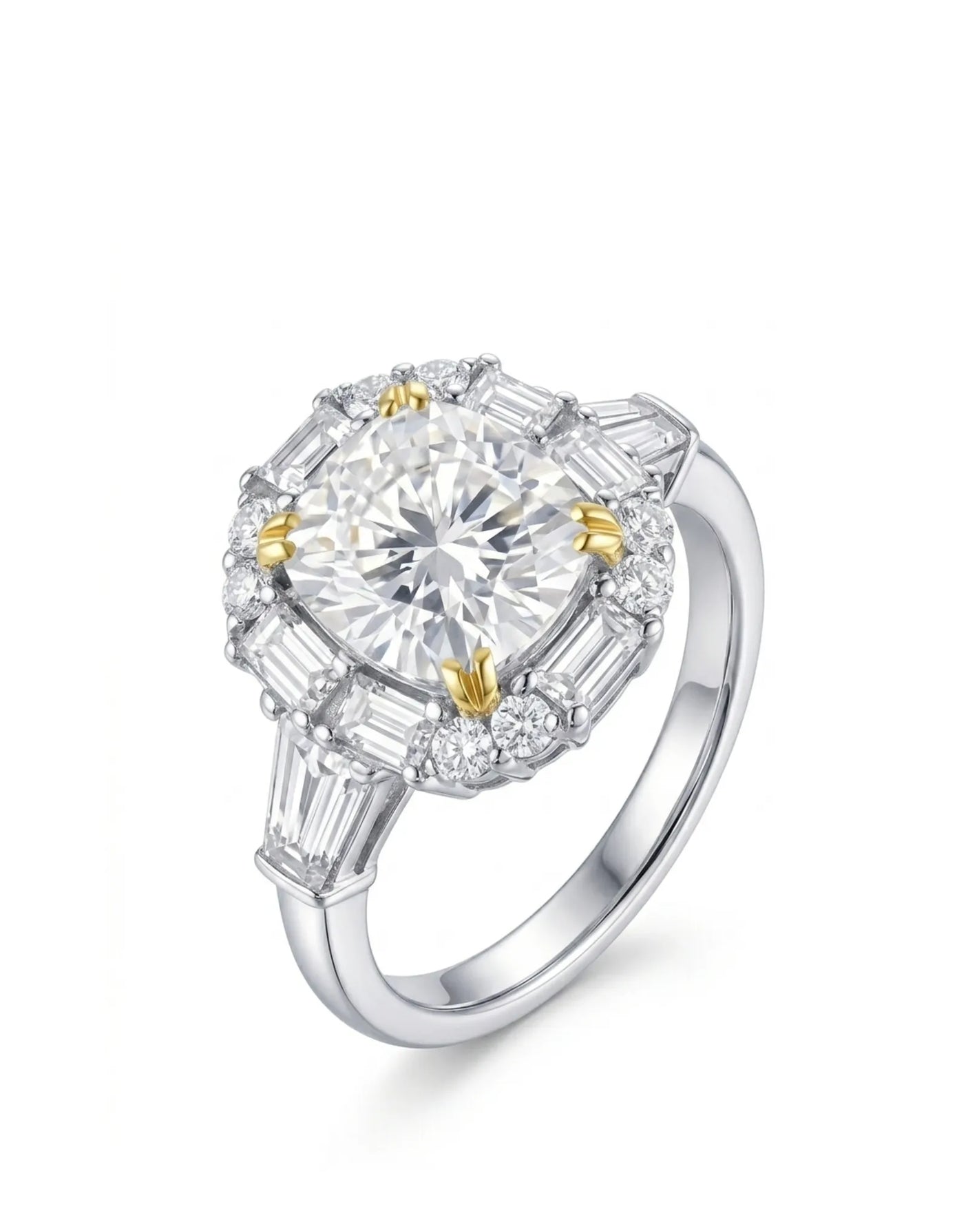 Cushion cut moissanite engagement ring with baguette halo and round accents in two tone | SARATTI