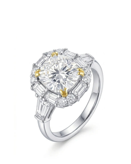 Cushion cut moissanite engagement ring with baguette halo and round accents in two tone | SARATTI
