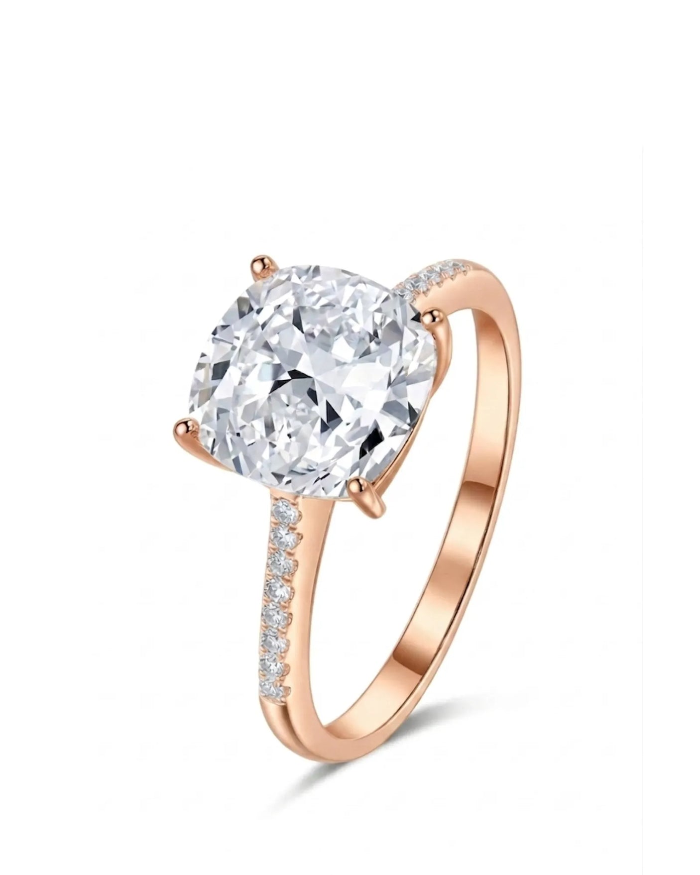 Cushion cut moissanite engagement ring with pavé side stones in rose gold | SARATTI