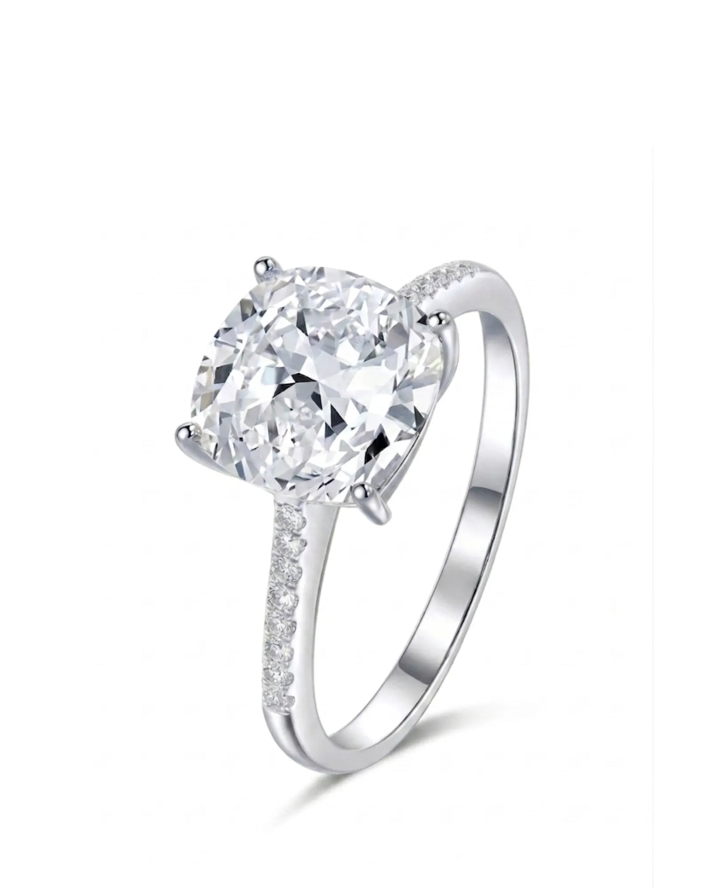 Cushion cut moissanite engagement ring with pavé side stones in white gold | SARATTI