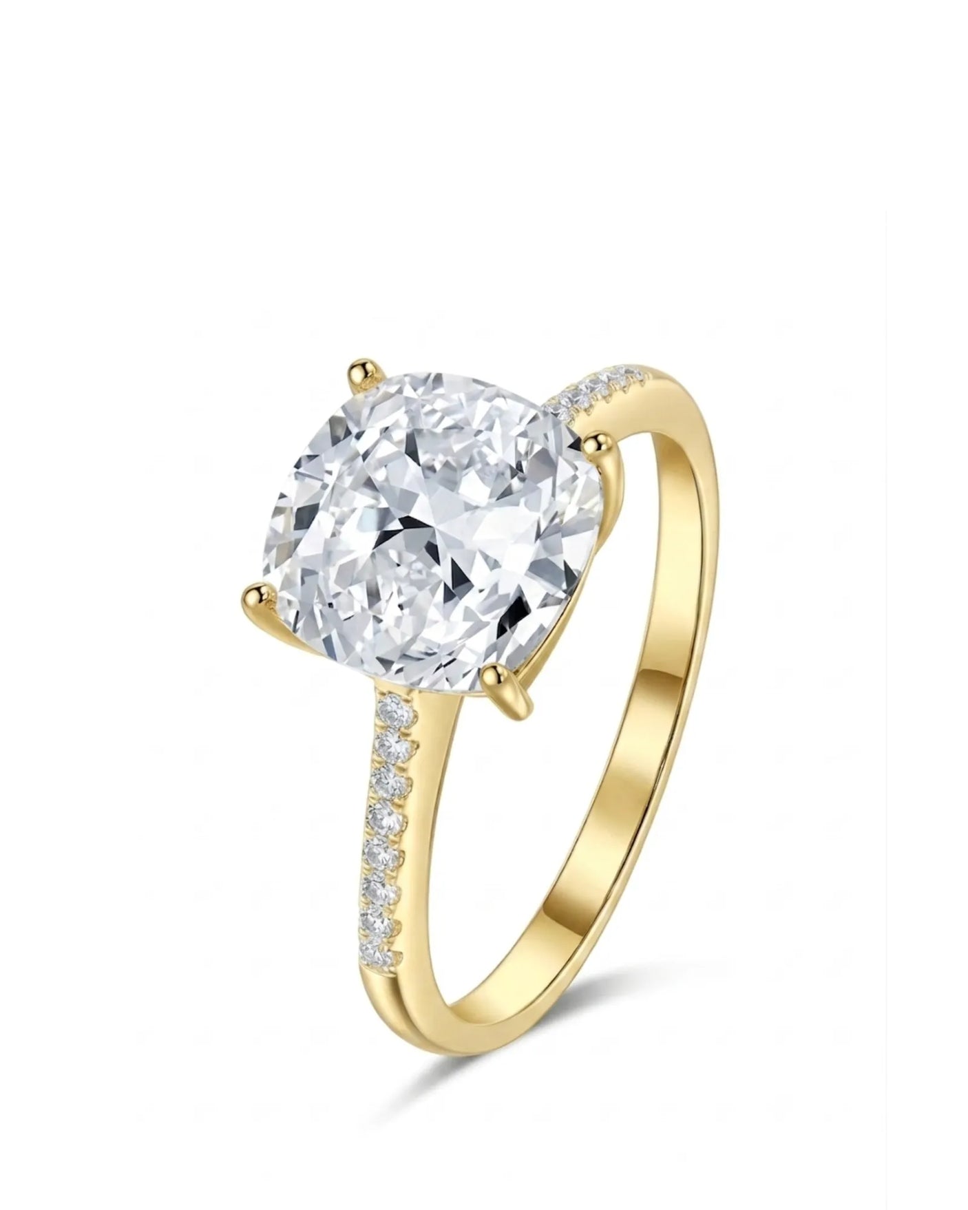 Cushion cut moissanite engagement ring with pavé side stones in yellow gold | SARATTI