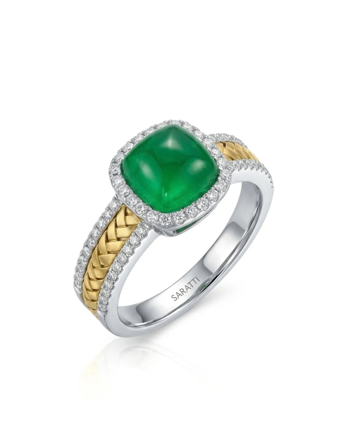 Cushion emerald diamond halo ring with woven shoulder detailing crafted in 18K two tone gold | SARATTI