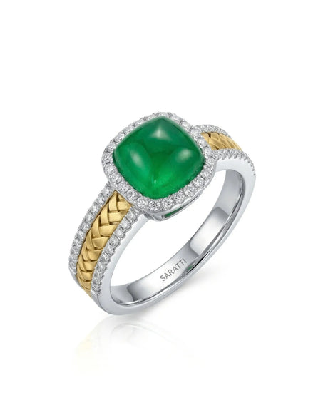Cushion emerald diamond halo ring with woven shoulder detailing crafted in 18K two tone gold | SARATTI
