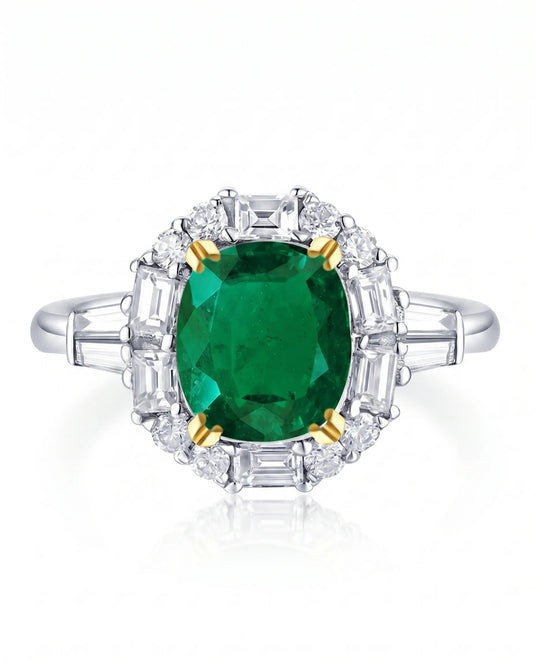 Cushion emerald diamond statement ring in 18K white gold | SARATTI
