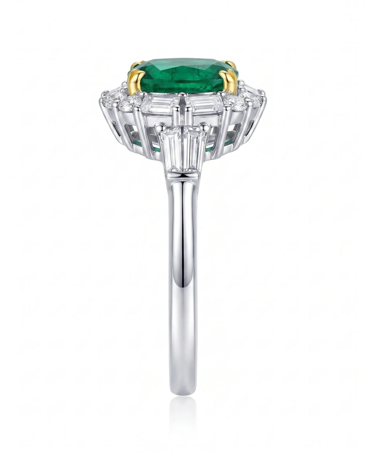 Cushion emerald diamond statement ring in platinum | SARATTI
