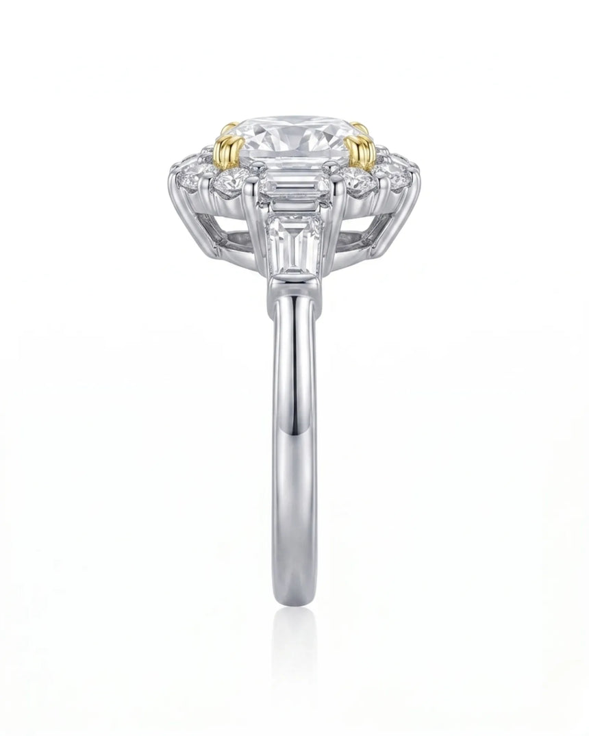 Cushion halo moissanite engagement ring for a bold refined proposal in two tone | SARATTI