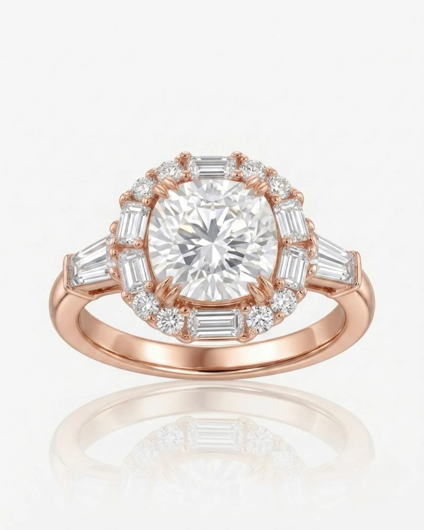 Cushion halo moissanite engagement ring for a romantic refined proposal in rose gold | SARATTI