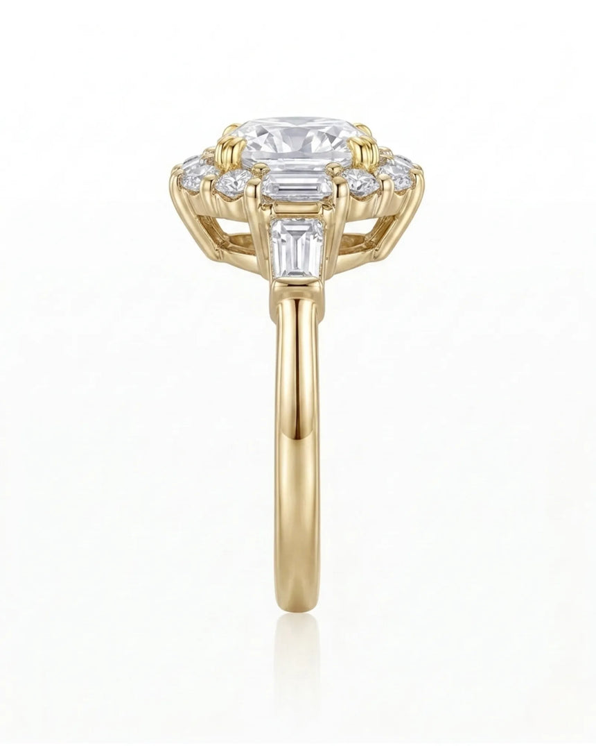 Cushion halo moissanite engagement ring for a warm refined proposal in yellow gold | SARATTI
