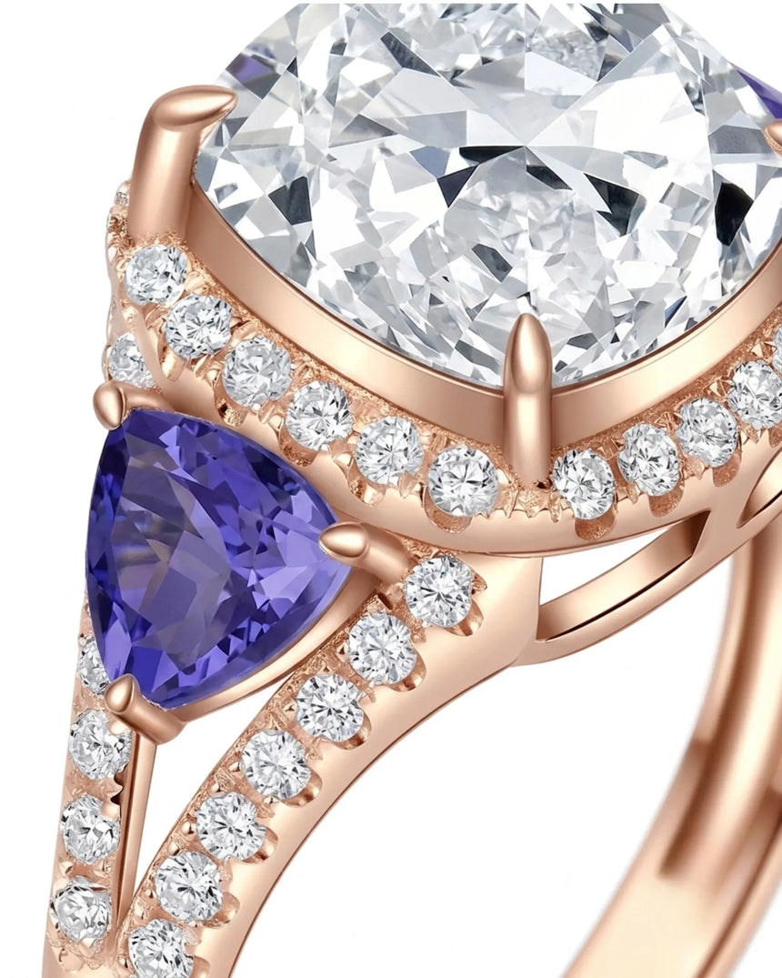 Cushion moissanite center stone ring with trillion tanzanites in rose gold | SARATTI