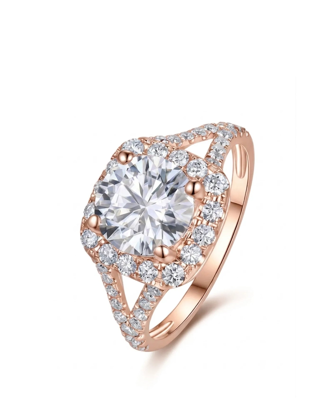 Cushion moissanite engagement ring with halo accents and pavé split shank in 18K rose gold | SARATTI