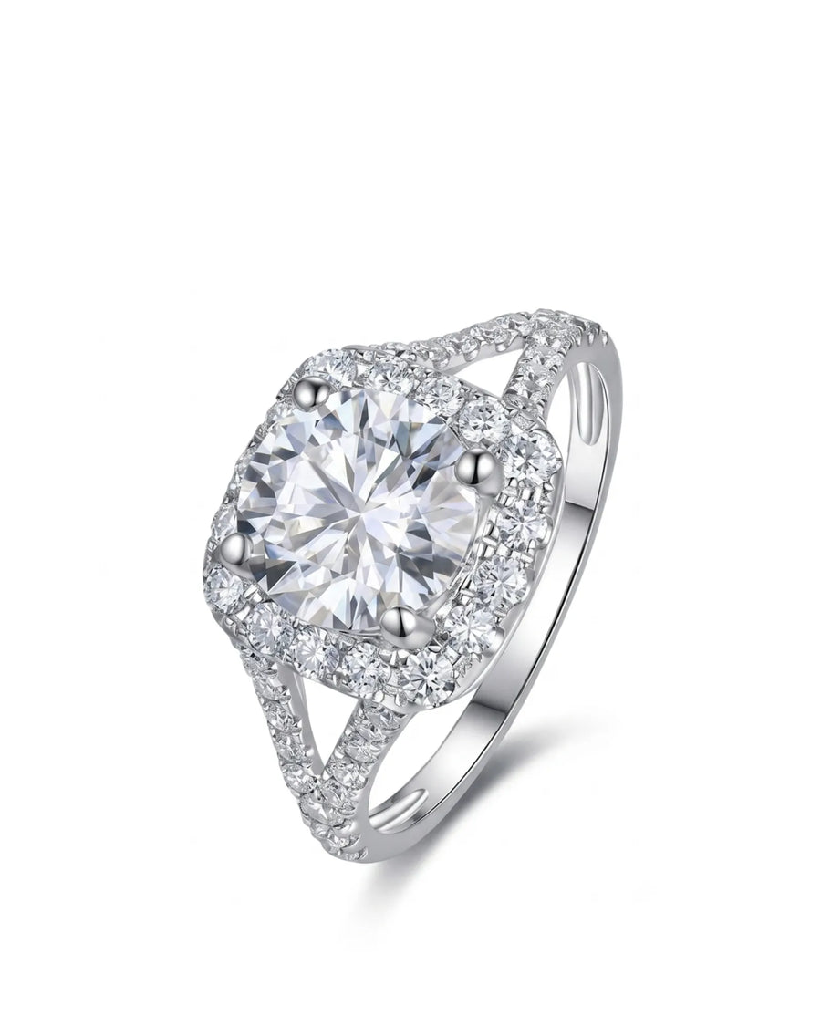 Cushion moissanite engagement ring with halo accents and pavé split shank in 18K white gold | SARATTI