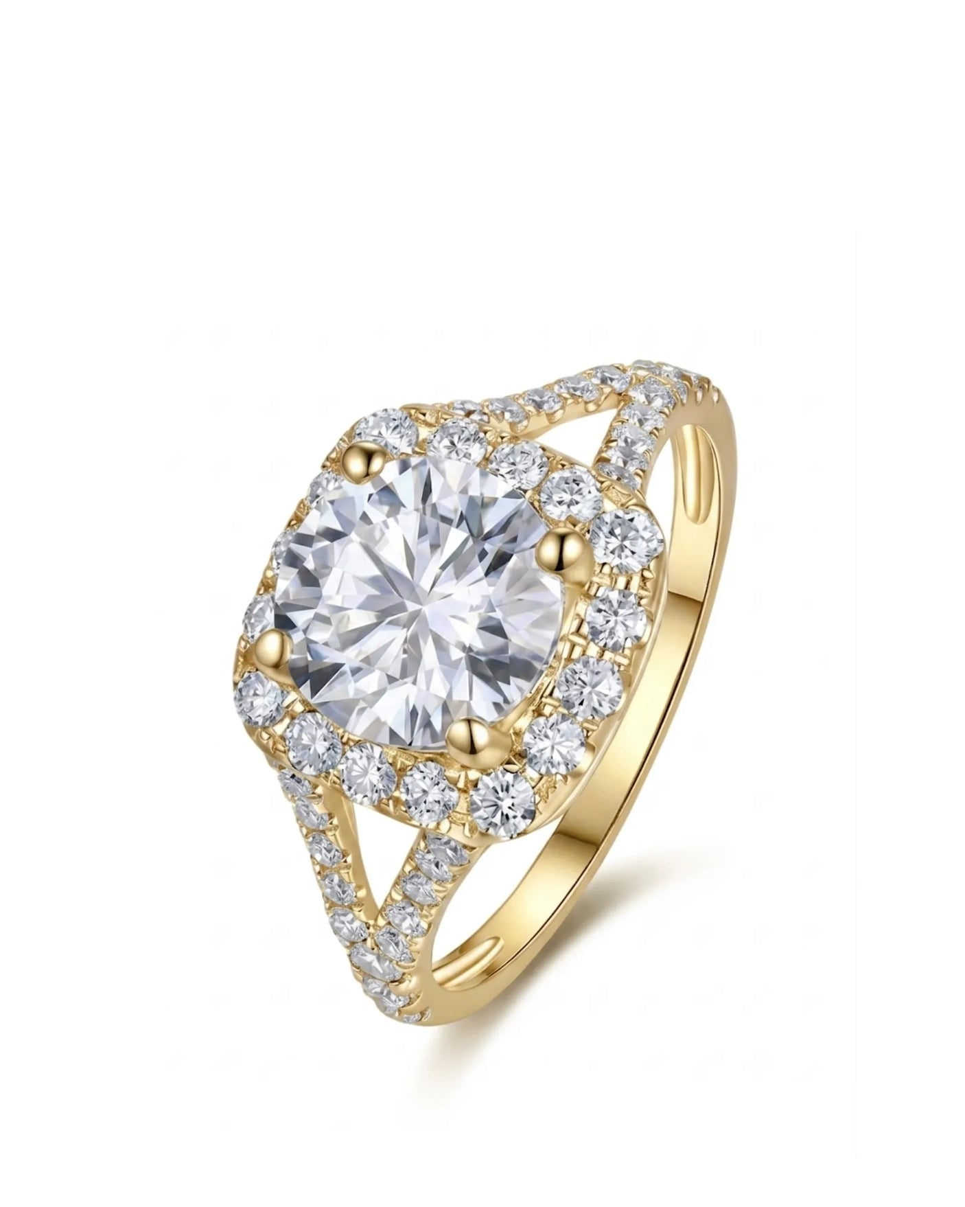 Cushion moissanite engagement ring with halo accents and pavé split shank in 18K yellow gold | SARATTI