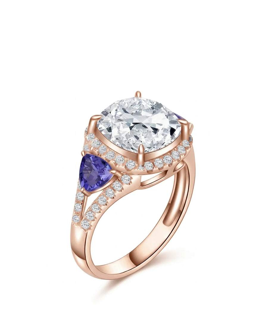 Cushion moissanite engagement ring with tanzanite side stones in rose gold | SARATTI