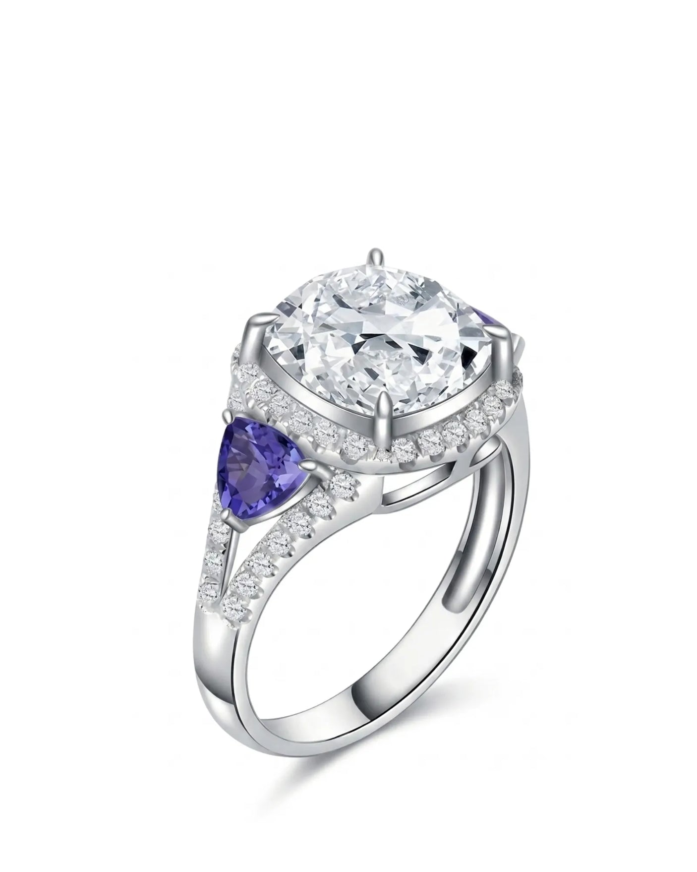 Cushion moissanite engagement ring with tanzanite side stones in white gold | SARATTI