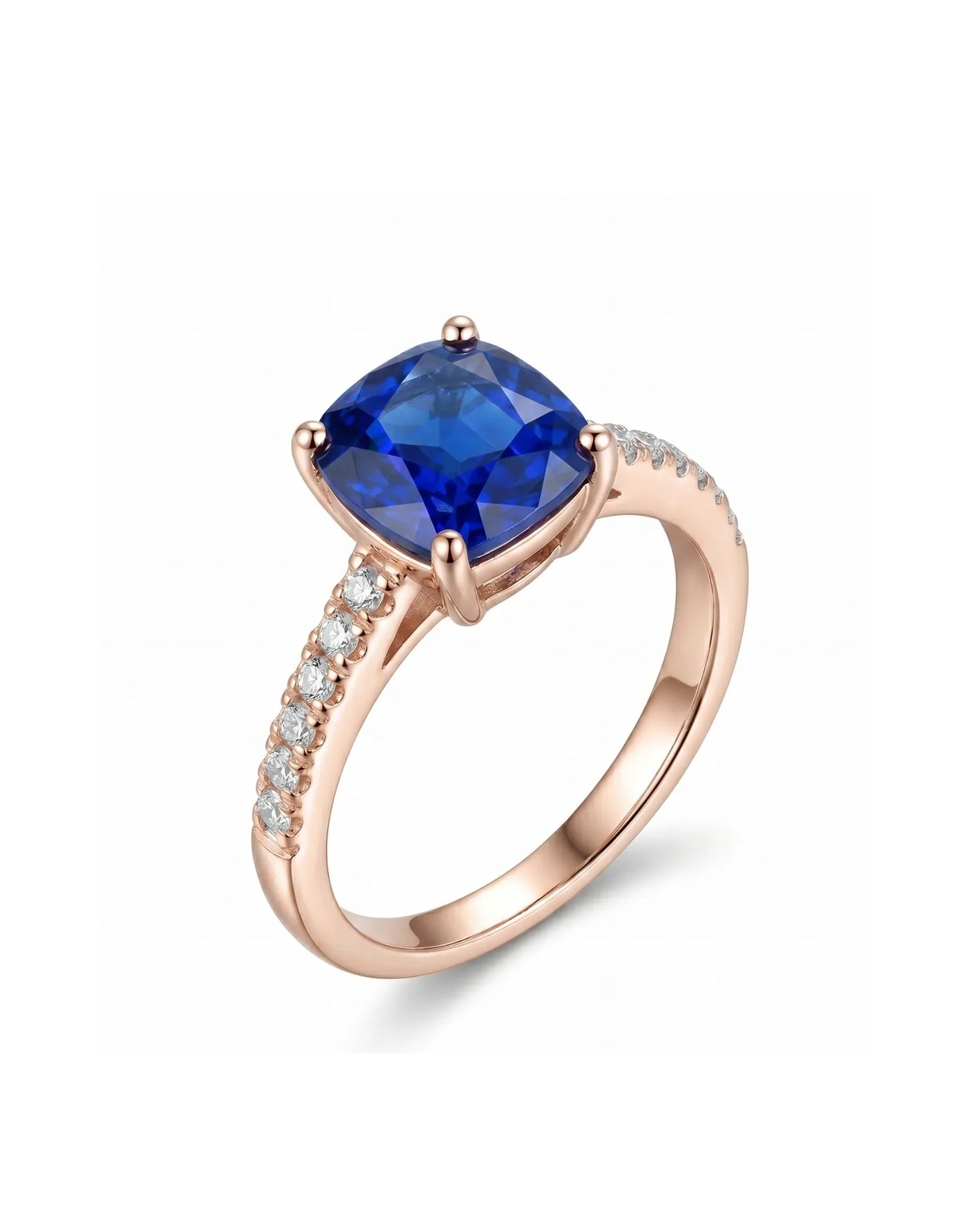 Cushion royal blue sapphire ring with pavé diamond band in 18K rose gold | SARATTI
