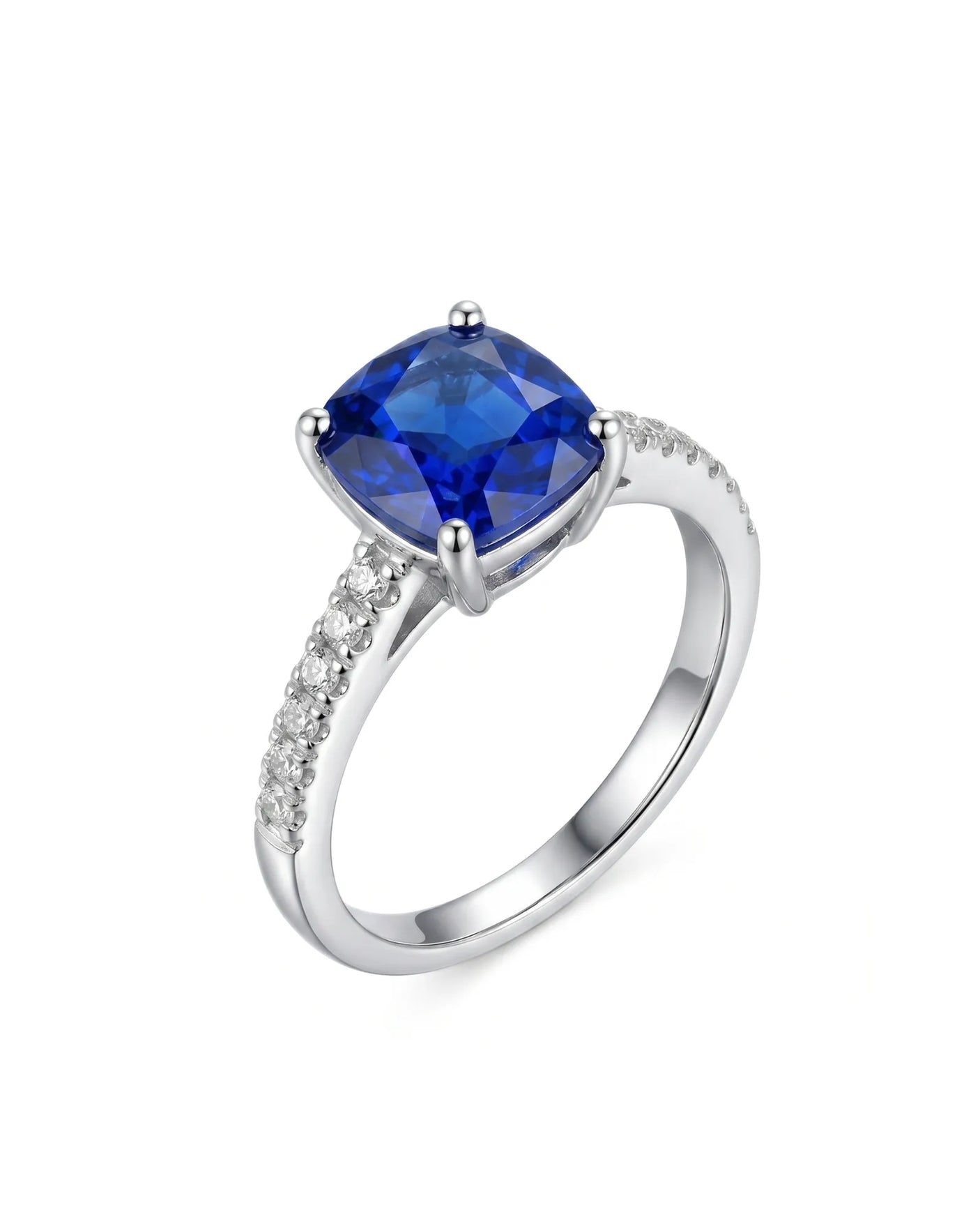 Cushion royal blue sapphire ring with pavé diamond band in 18K white gold | SARATTI