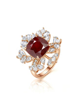 Cushion ruby ring with floral diamond halo in polished 18K rose gold | SARATTI