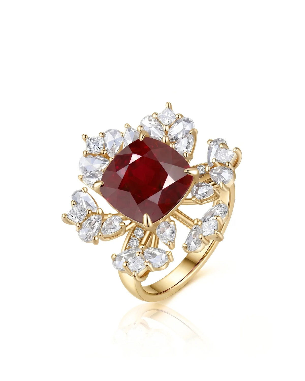 Cushion ruby ring with floral diamond halo in polished 18K yellow gold | SARATTI