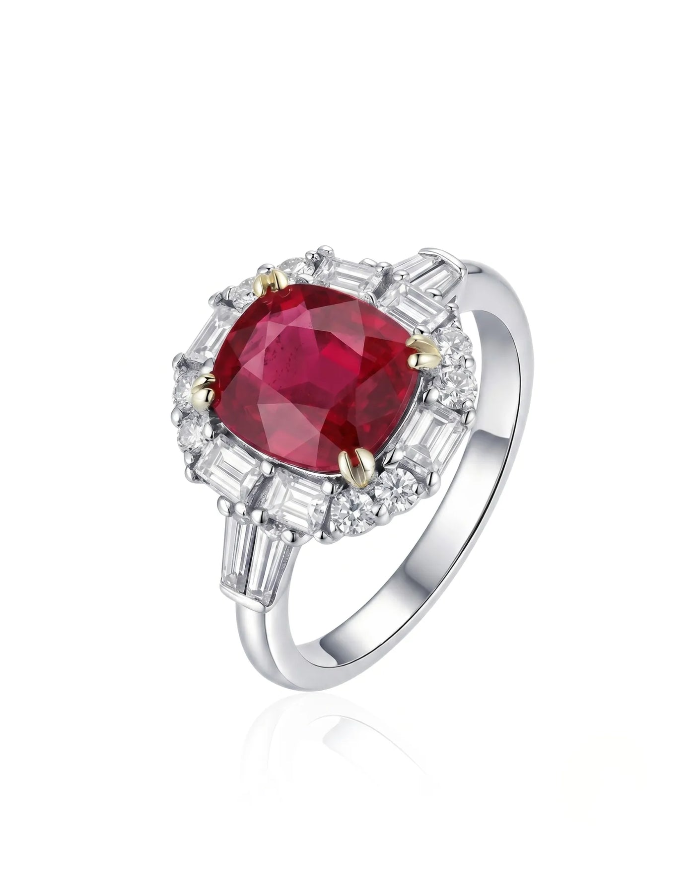 Cushion ruby ring with mixed diamond halo in polished platinum | SARATTI