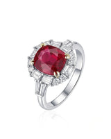 Cushion ruby ring with mixed diamond halo in polished platinum | SARATTI