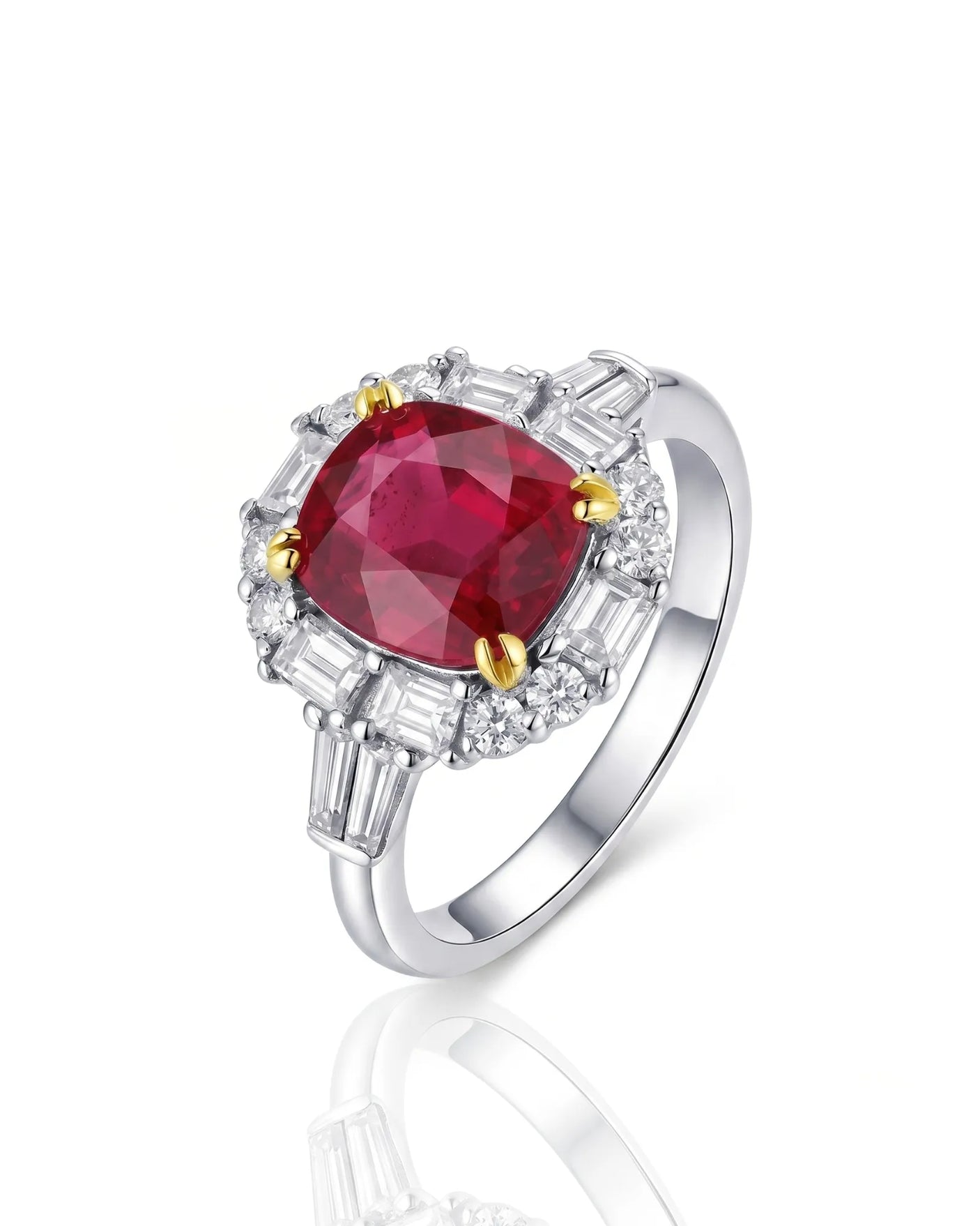 Cushion ruby ring with mixed diamond halo in two tone | SARATTI