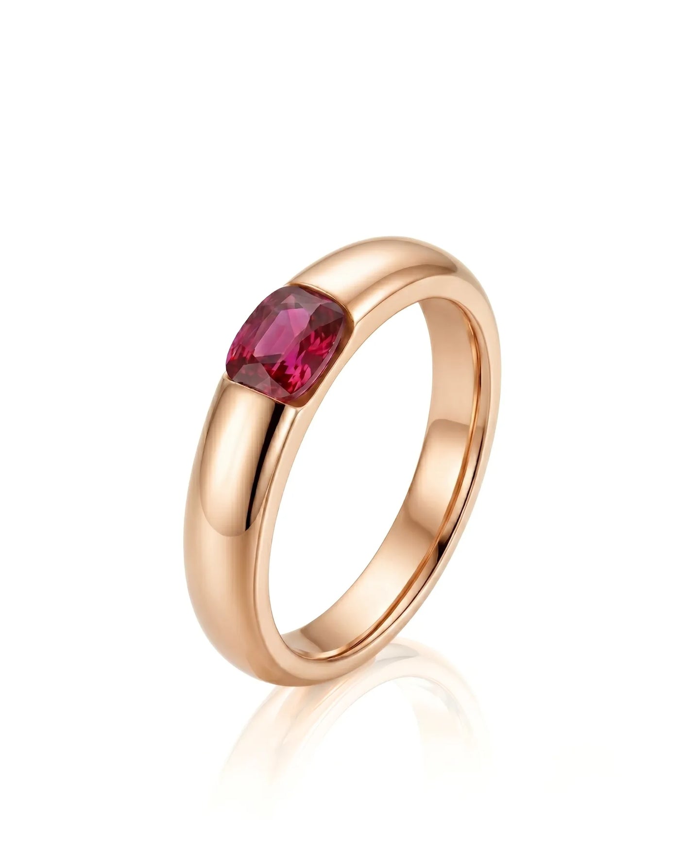 Cushion ruby ring with modern tension setting in polished 18K rose gold | SARATTI