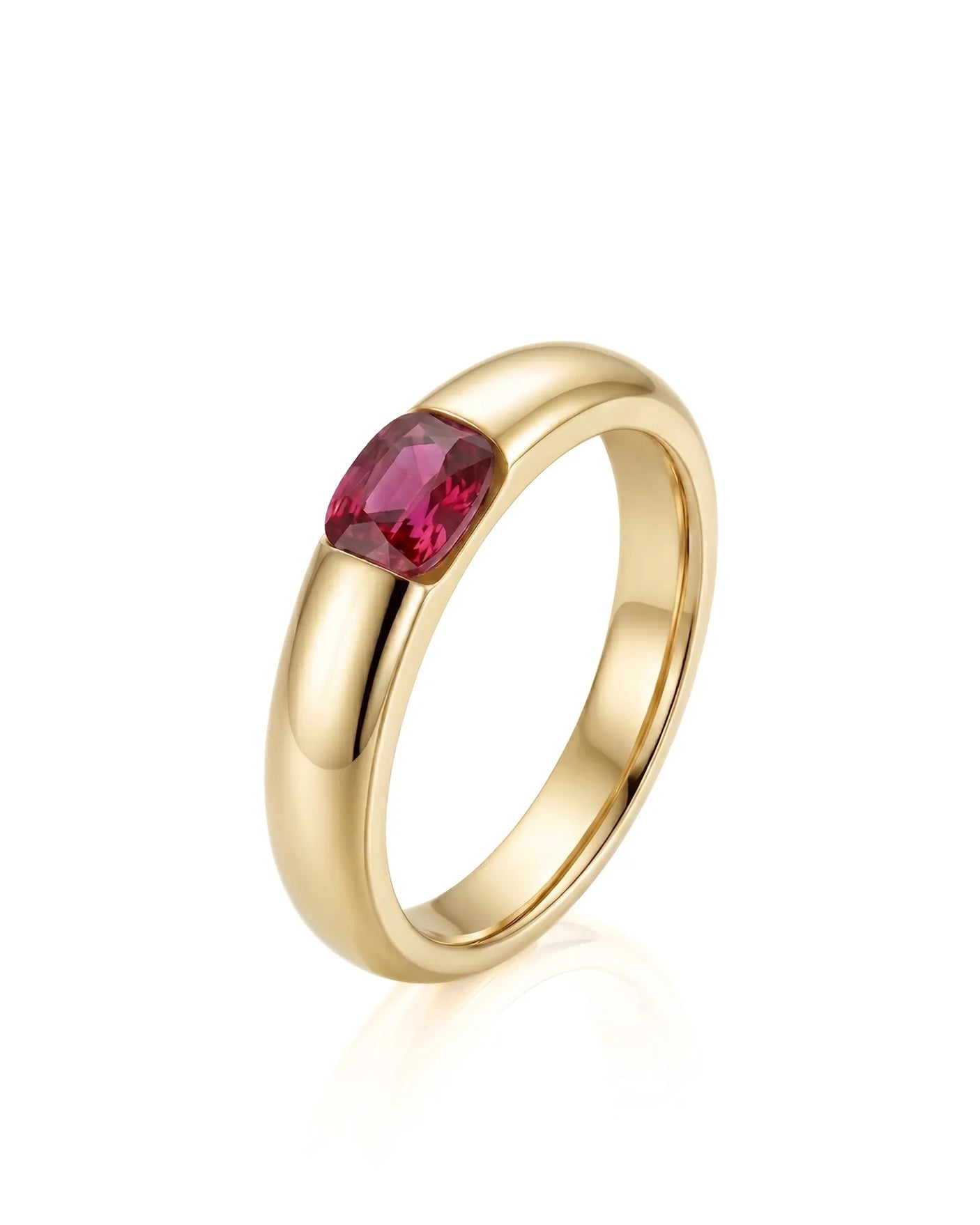 Cushion ruby ring with modern tension setting in polished 18K yellow gold | SARATTI