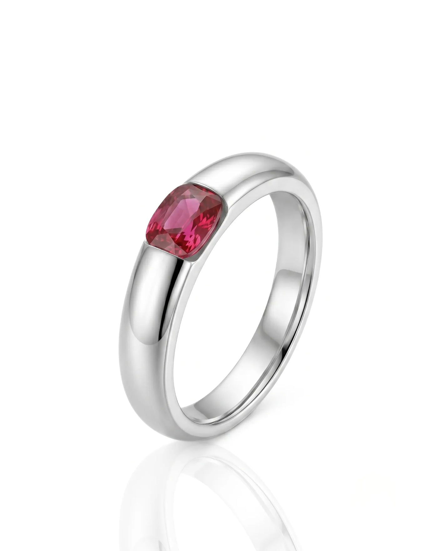 Cushion ruby ring with modern tension setting in polished platinum | SARATTI