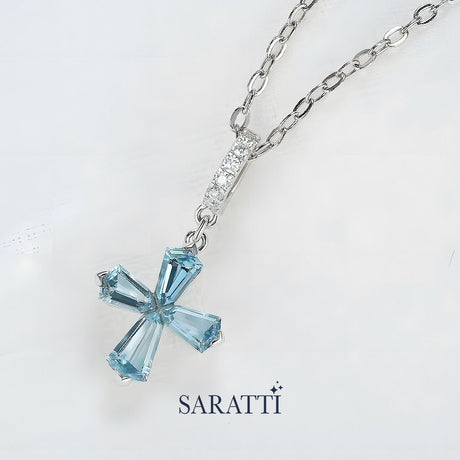 Custom Cut Natural Santa Maria Aquamarine and Diamonds Cross Necklace | Saratti Jewelry