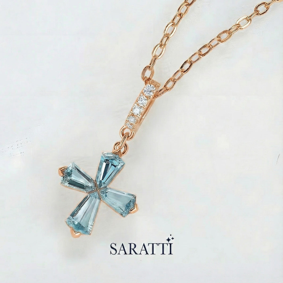 Custom-Cut Aquamarine Cross Design in Rose Gold. - SARATTI