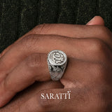 Custom monogram diamond signet ring in 18k white gold heritage design | SARATTI  
