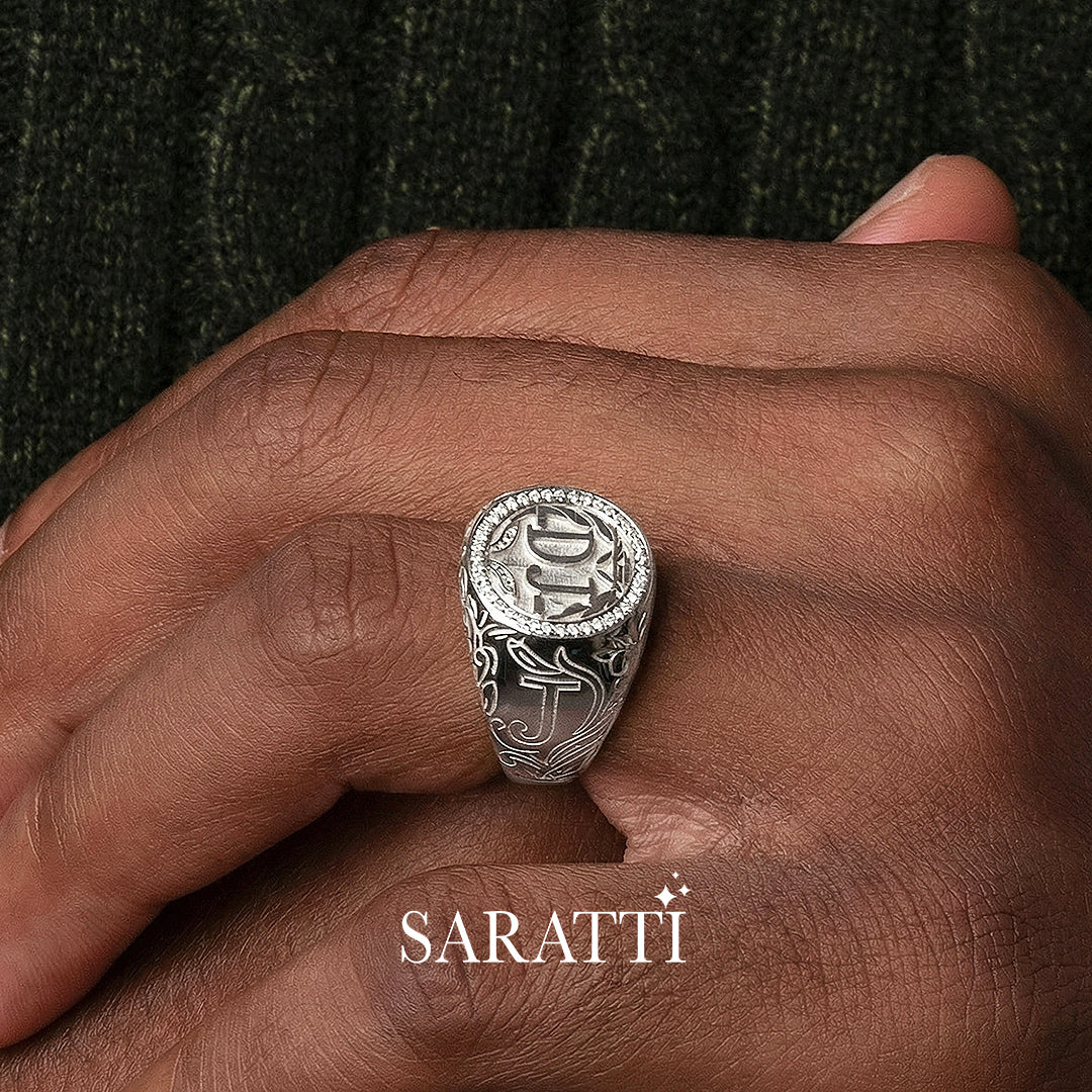 Custom monogram diamond signet ring in platinum heritage design | SARATTI  