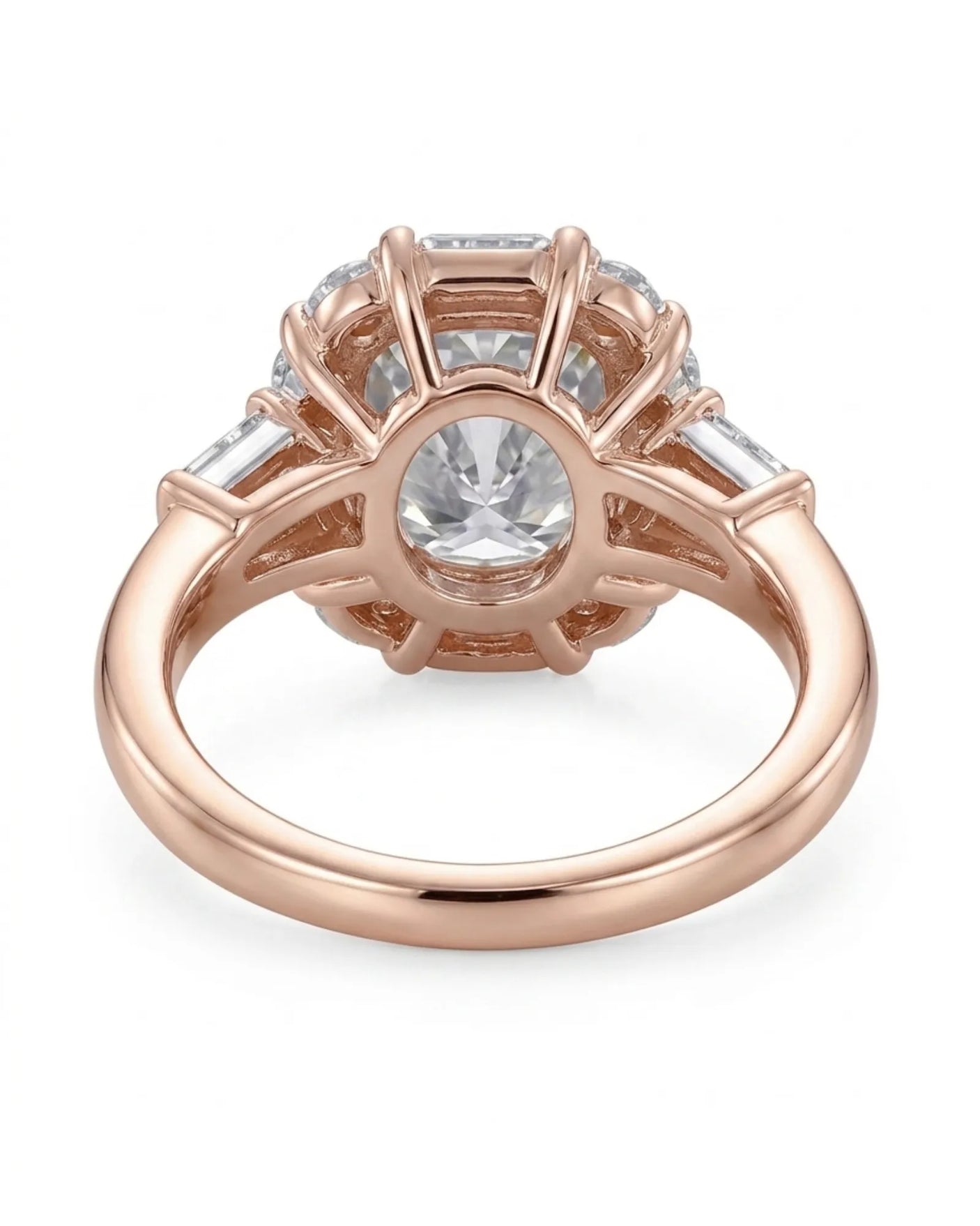D color cushion moissanite framed by baguette and round side stones in 18K rose gold | SARATTI