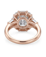 D color cushion moissanite framed by baguette and round side stones in 18K rose gold | SARATTI