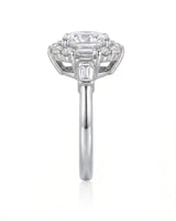 D color cushion moissanite framed by baguette and round side stones in 18K white gold | SARATTI