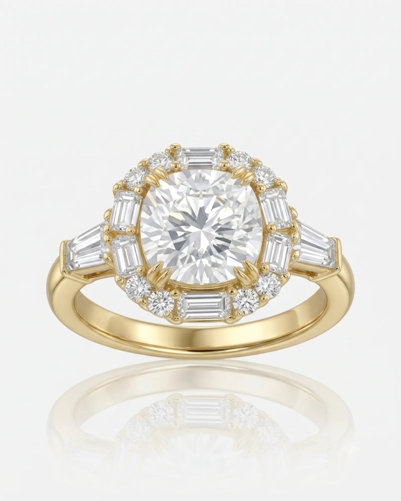 D color cushion moissanite framed by baguette and round side stones in 18K yellow gold | SARATTI