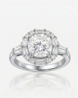 D color cushion moissanite framed by baguette and round side stones in polished platinum | SARATTI