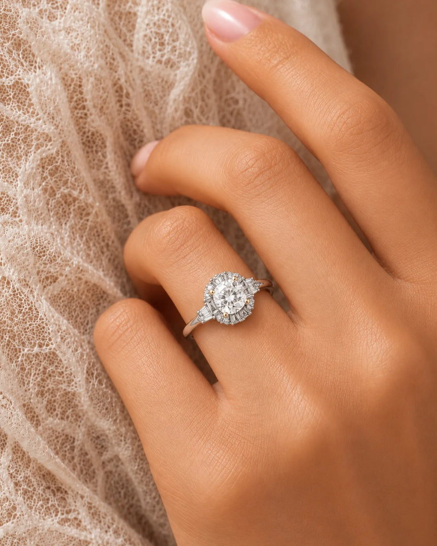 D color cushion moissanite framed by baguette and round side stones in two tone | SARATTI