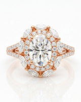 D color oval moissanite center framed by round and marquise stones in 18K rose gold | SARATTI
