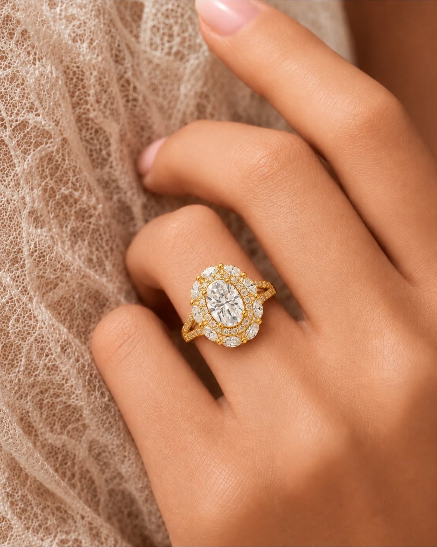 D color oval moissanite center framed by round and marquise stones in 18K yellow gold | SARATTI