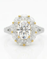 D color oval moissanite center framed by round and marquise stones in two tone | SARATTI