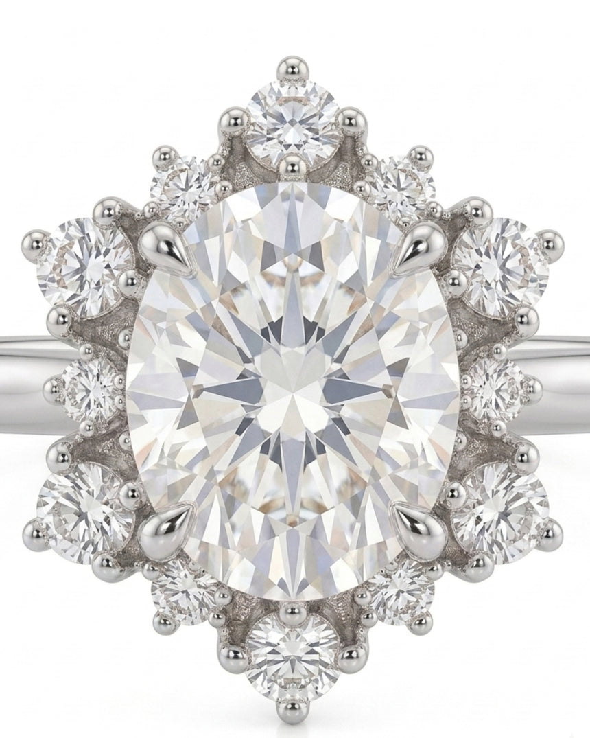 D color oval moissanite framed by round moissanite stones in enduring platinum | SARATTI