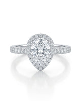 D color pear cut moissanite framed by round accents in polished 18K white gold | SARATTI