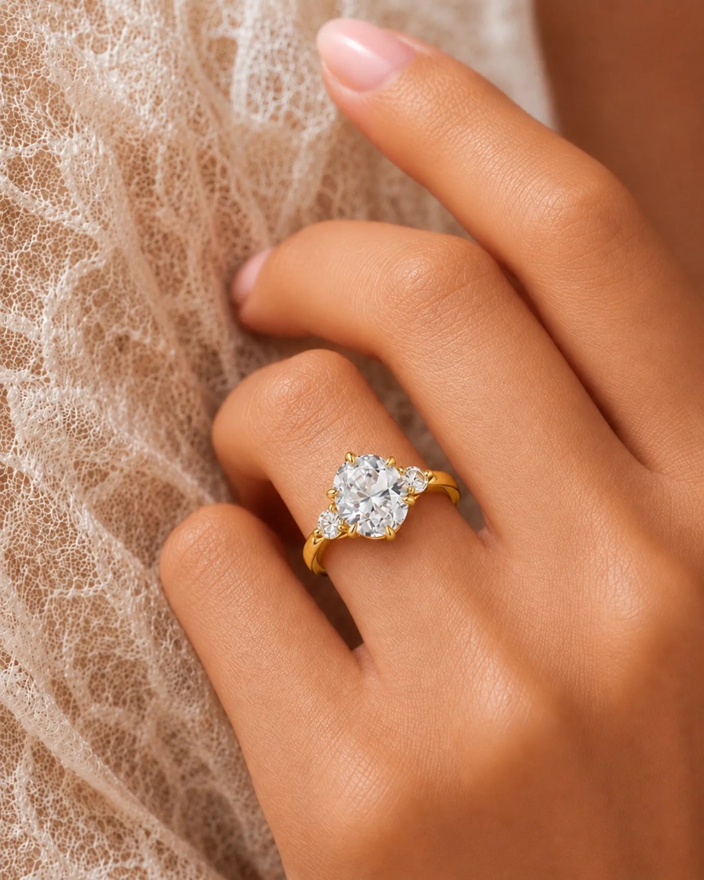 D color round moissanite center with matching side stones in yellow gold | SARATTI
