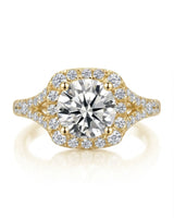 D colorless cushion moissanite framed by brilliant round stones in 18K yellow gold | SARATTI