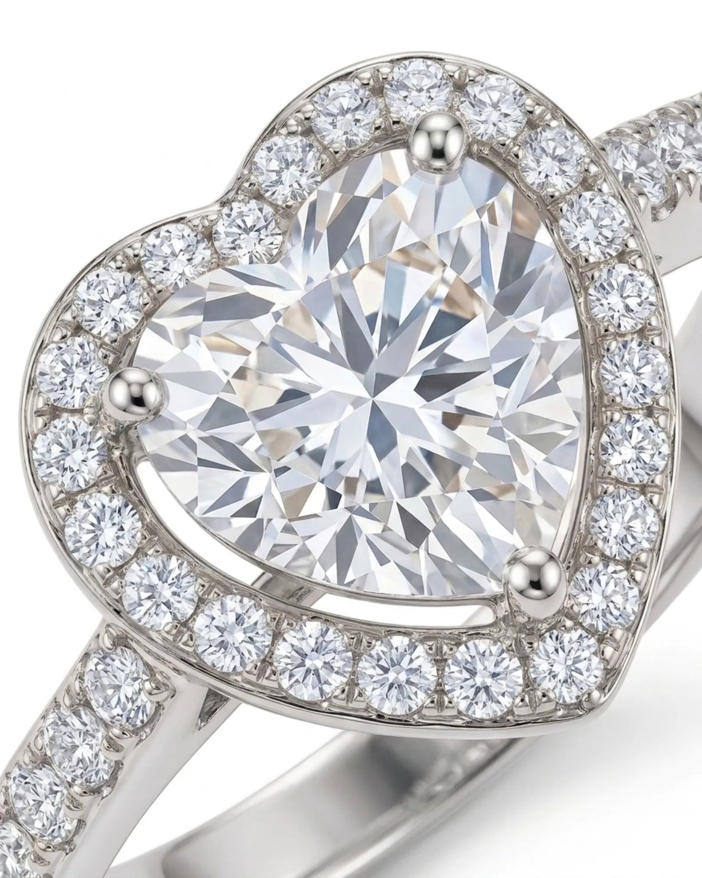 D colorless heart moissanite ring framed by round accent stones in polished platinum | SARATTI